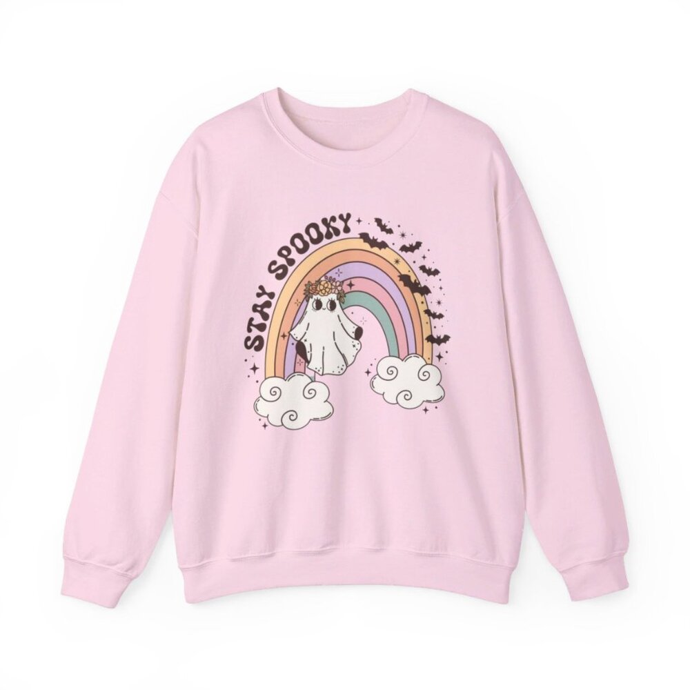 Women’s Pink Stay Spooky Ghost Halloween Sweatshirt Retro Style Rainbow Fall